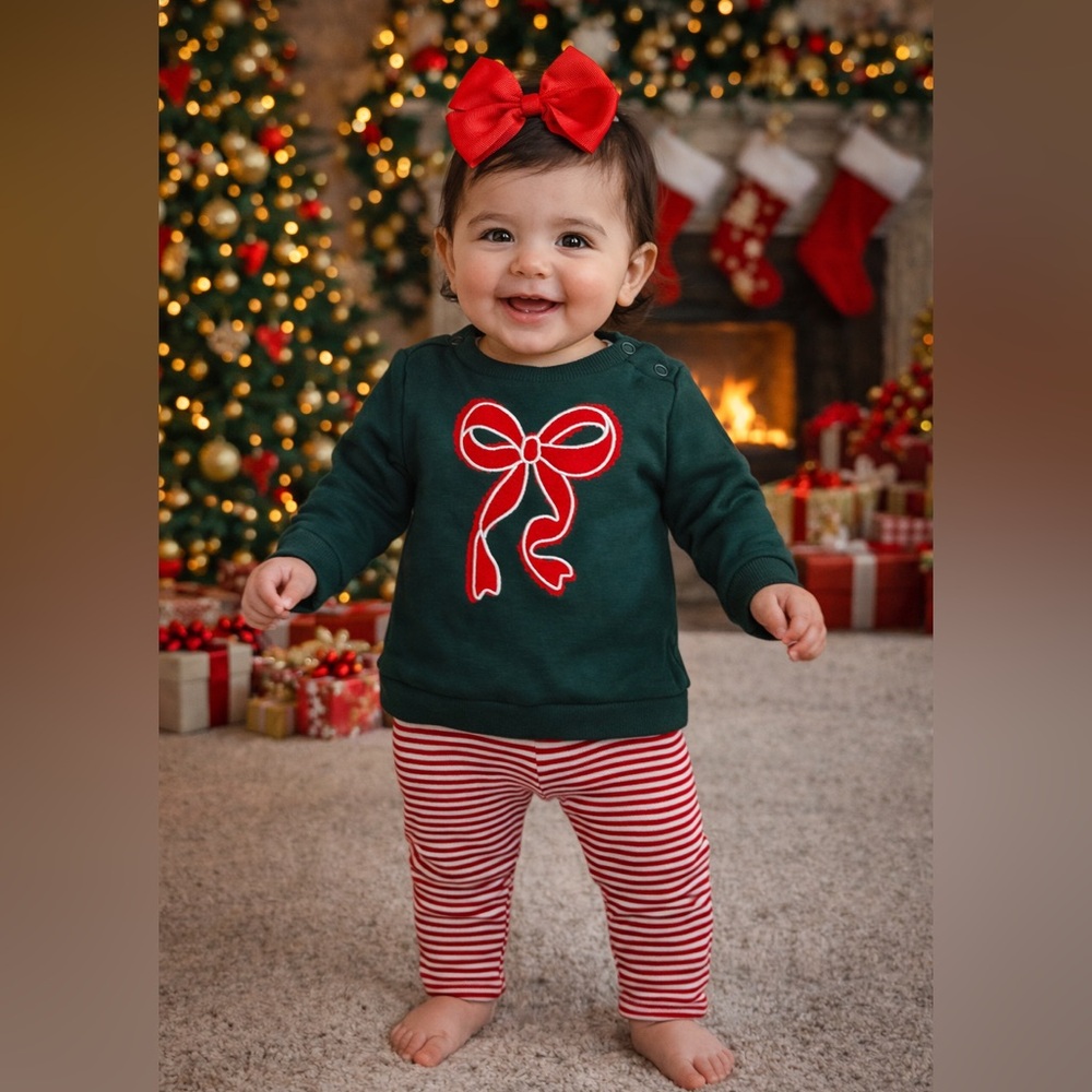 New w tags!Green Bow Baby Sweatshirt with Red Striped Leggings